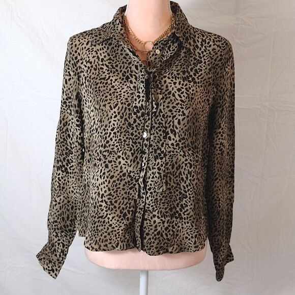 VTG Allison Taylor Tan Leopard Print Button Down Silk Blouse Large *Fits Med - Picture 1 of 16